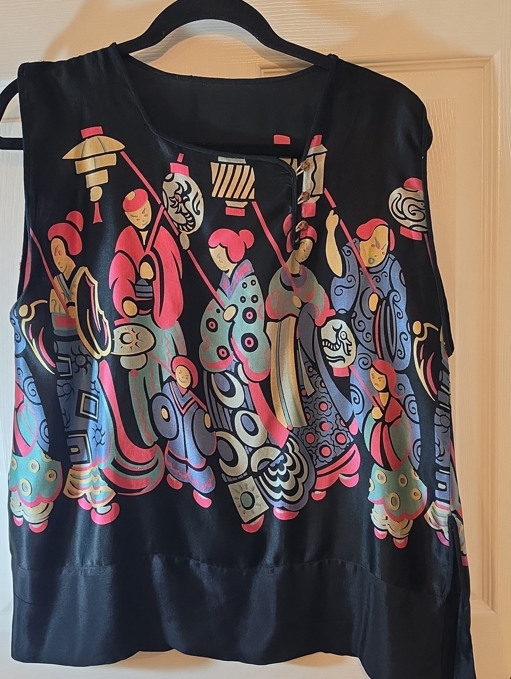 Black Silk-Look Sleeveless Top with Colorful Asian Parade Print